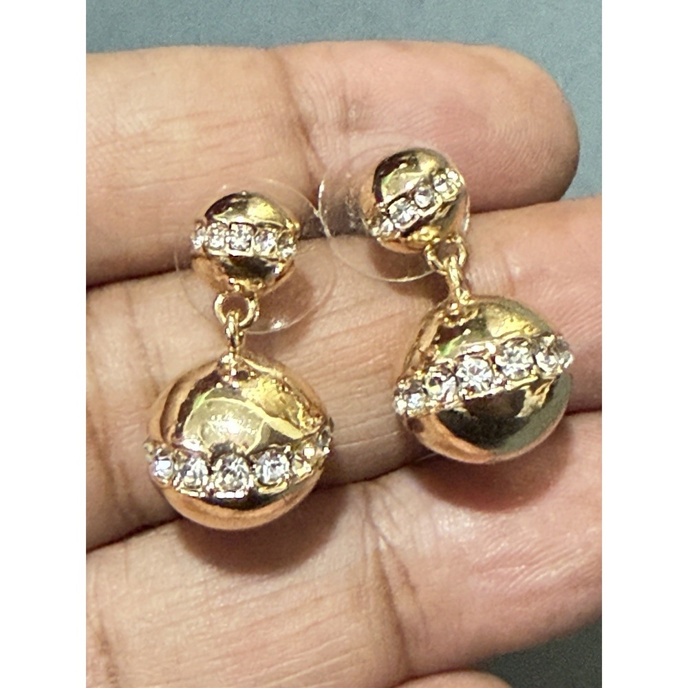 Gold Tone Rhinestone Ball Drop Earrings Double Sphere Dangle Sparkly Glam